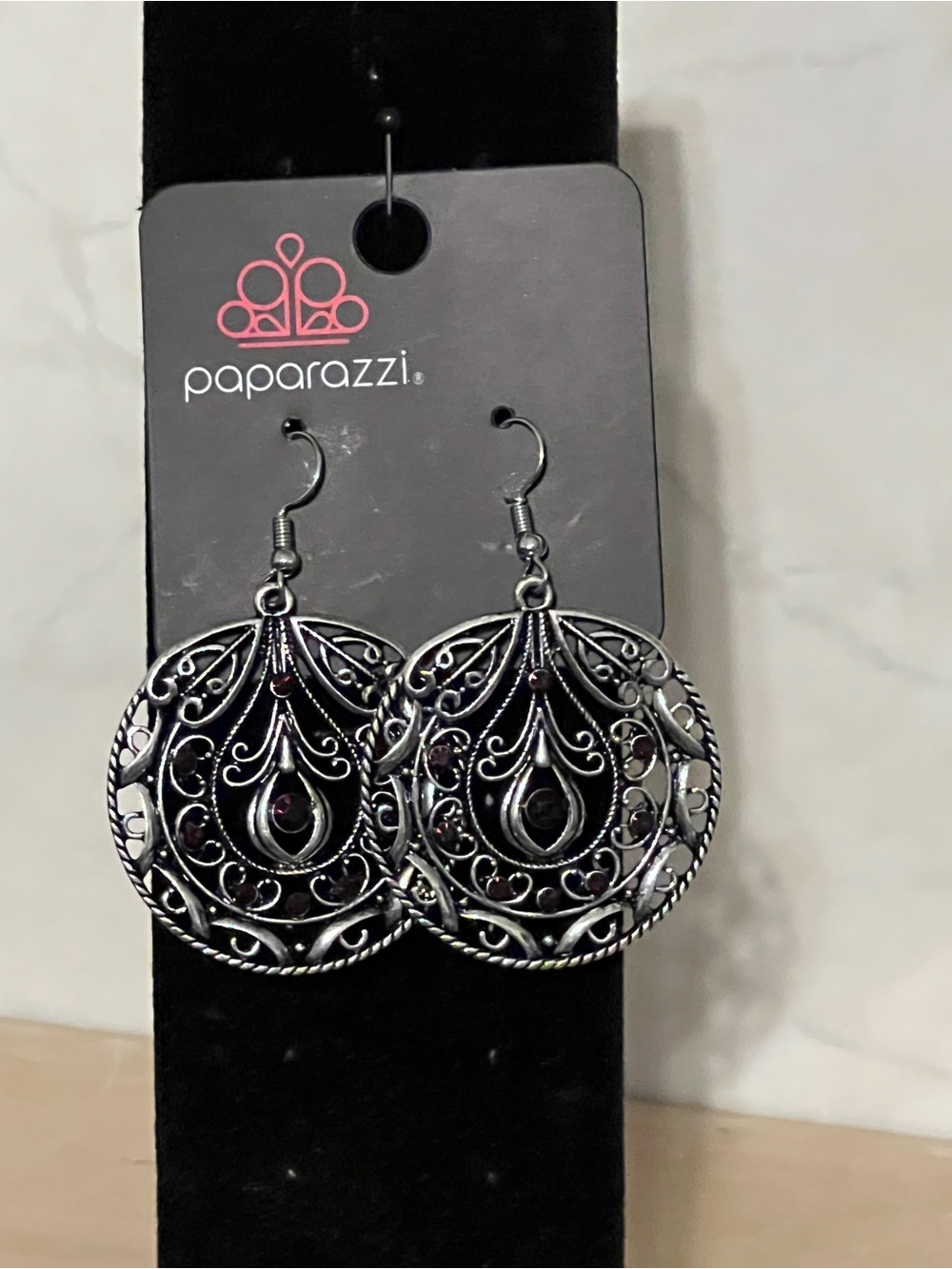 Paparazzi Silver Filigree Round Drop Earrings with Purple Stones